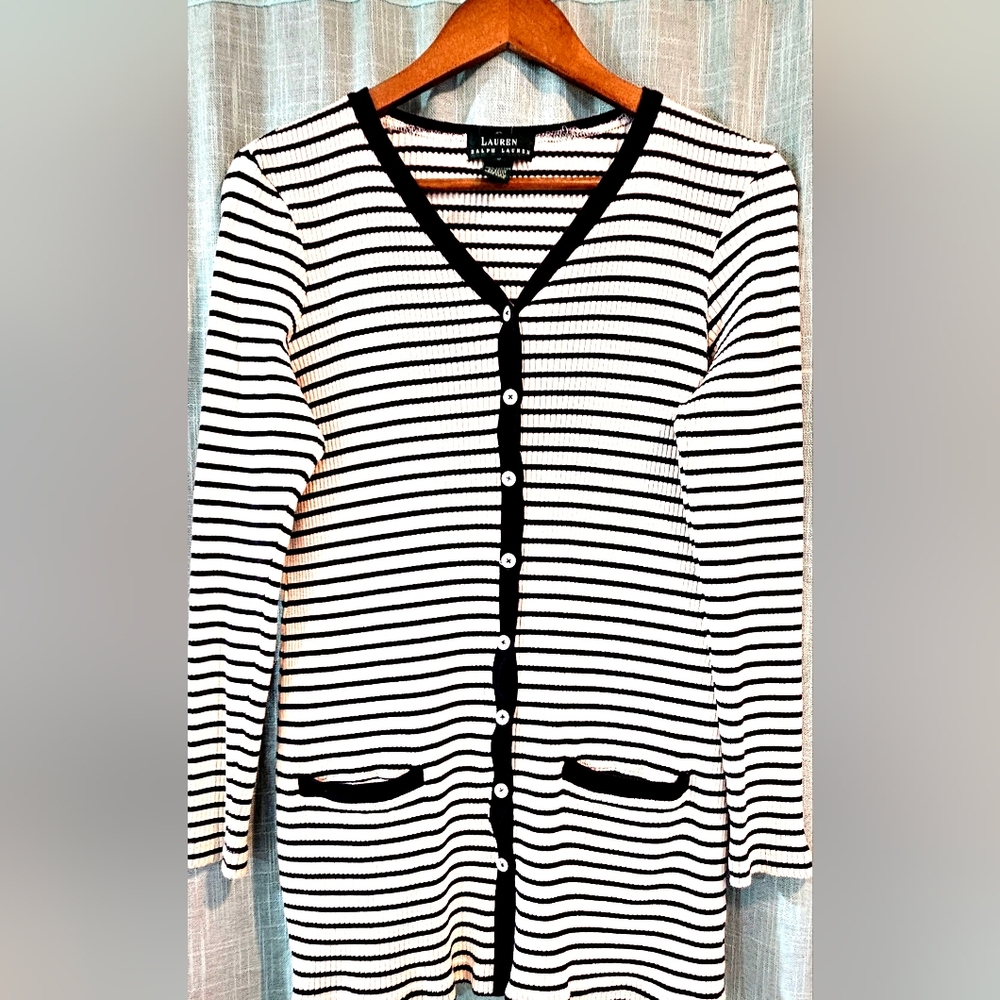 Lauren Ralph Lauren Black & White Striped Cardigan Knit Sweater Nordstrom Size S